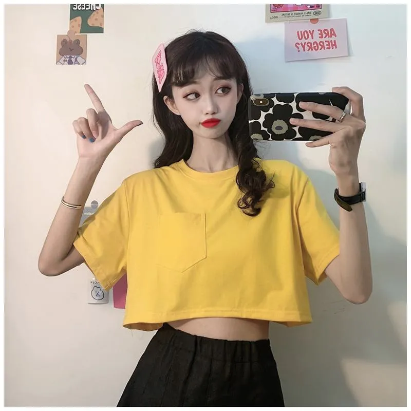 Navel-Baring Lycra Pocket Cropped Solid Color Craft Short Sleeve Tee