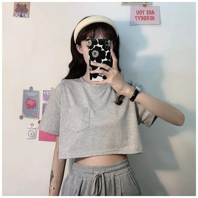 Navel-Baring Lycra Pocket Cropped Solid Color Craft Short Sleeve Tee