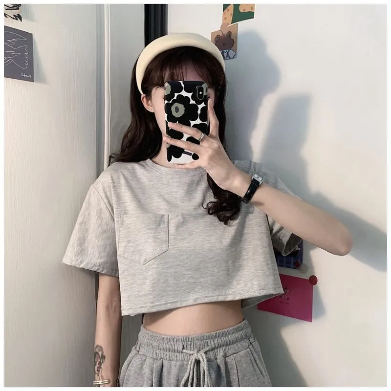 Navel-Baring Lycra Pocket Cropped Solid Color Craft Short Sleeve Tee