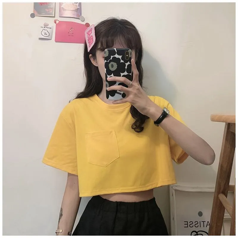 Navel-Baring Lycra Pocket Cropped Solid Color Craft Short Sleeve Tee