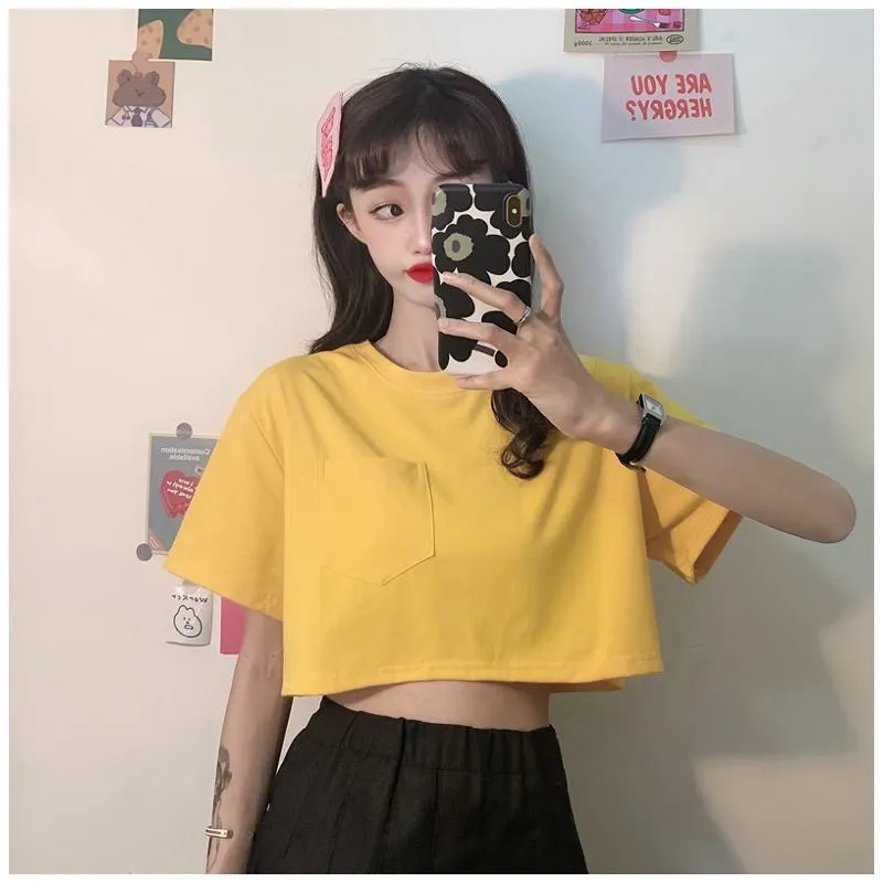 Navel-Baring Lycra Pocket Cropped Solid Color Craft Short Sleeve Tee