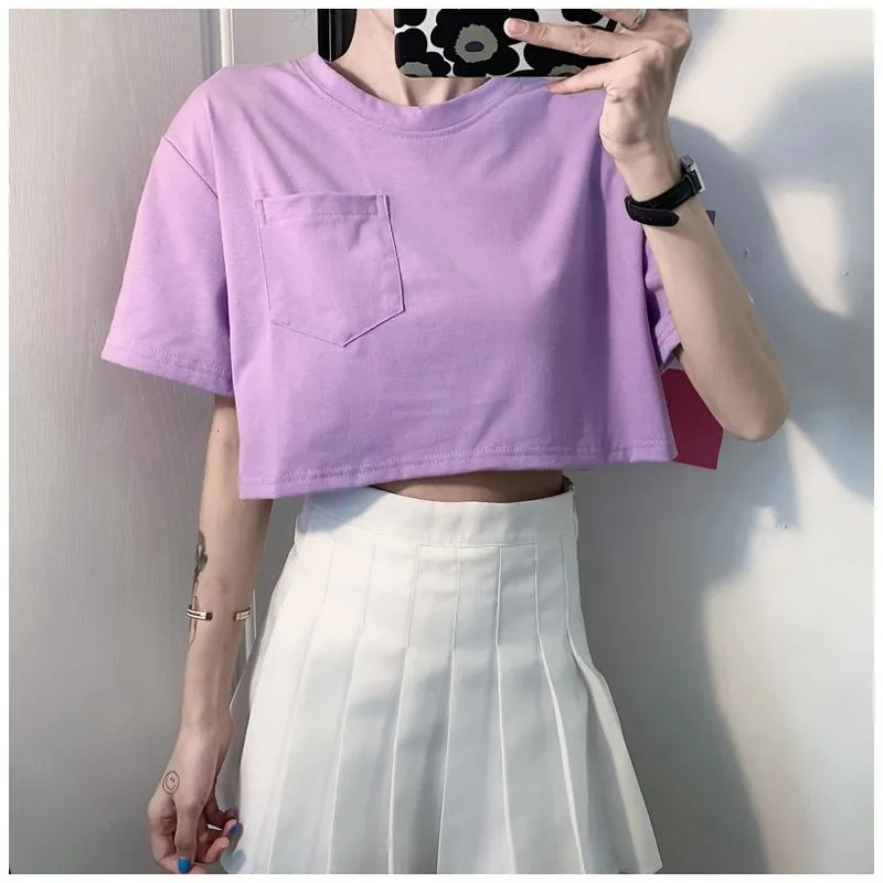 Navel-Baring Lycra Pocket Cropped Solid Color Craft Short Sleeve Tee