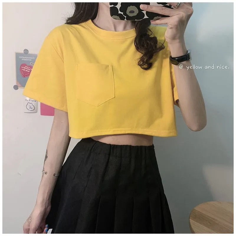 Navel-Baring Lycra Pocket Cropped Solid Color Craft Short Sleeve Tee