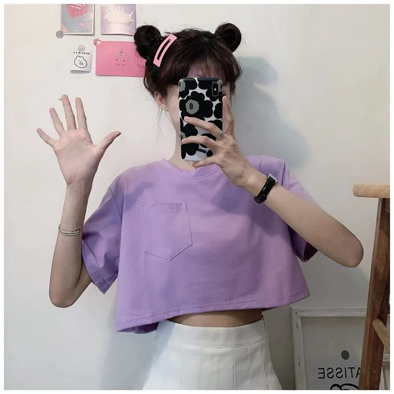 Navel-Baring Lycra Pocket Cropped Solid Color Craft Short Sleeve Tee