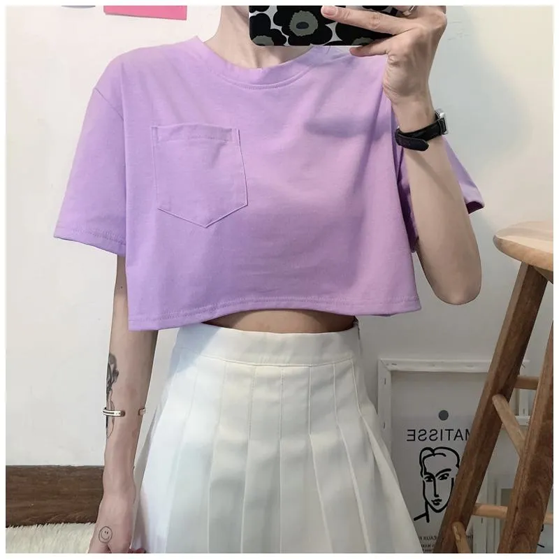 Navel-Baring Lycra Pocket Cropped Solid Color Craft Short Sleeve Tee