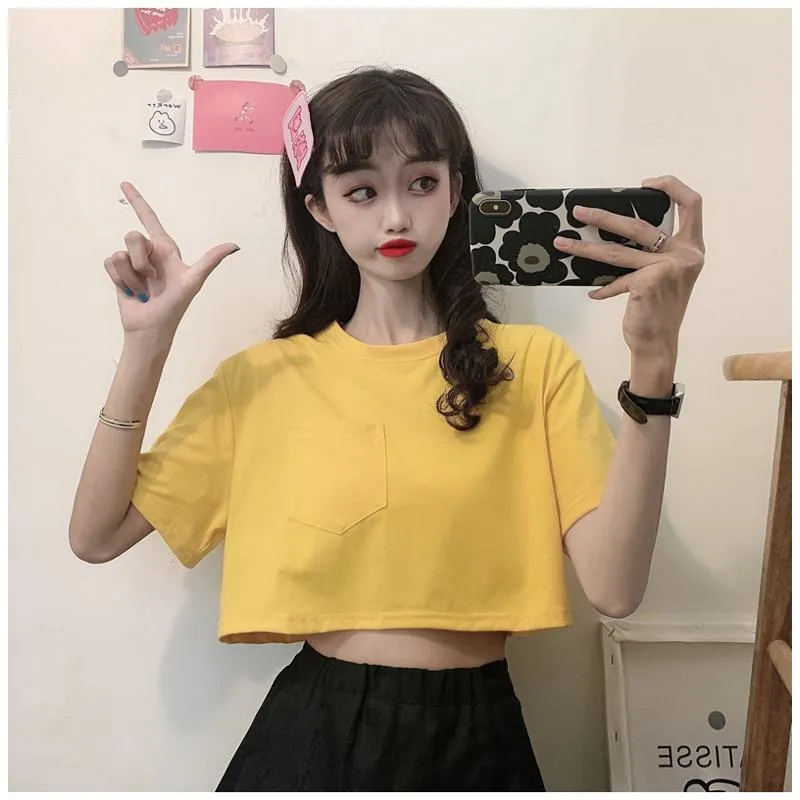 Navel-Baring Lycra Pocket Cropped Solid Color Craft Short Sleeve Tee