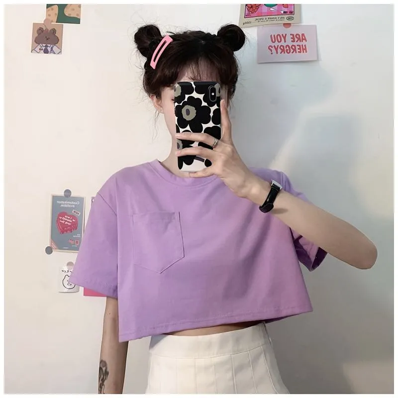 Navel-Baring Lycra Pocket Cropped Solid Color Craft Short Sleeve Tee