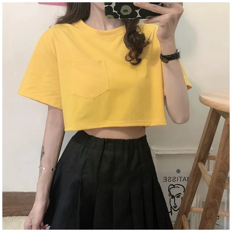 Navel-Baring Lycra Pocket Cropped Solid Color Craft Short Sleeve Tee