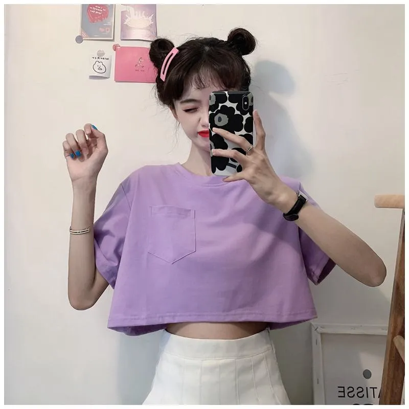 Navel-Baring Lycra Pocket Cropped Solid Color Craft Short Sleeve Tee