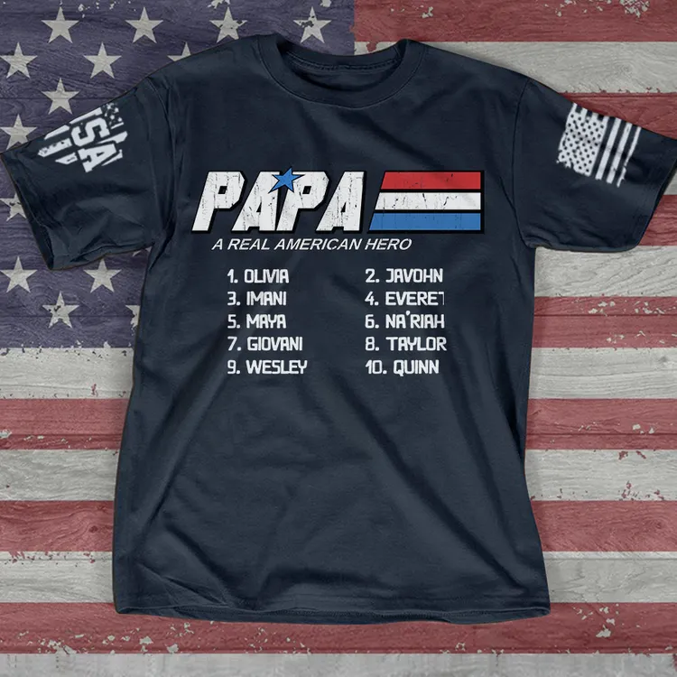 Personalized Papa a Real Men American Flag with Grandkid Shirt