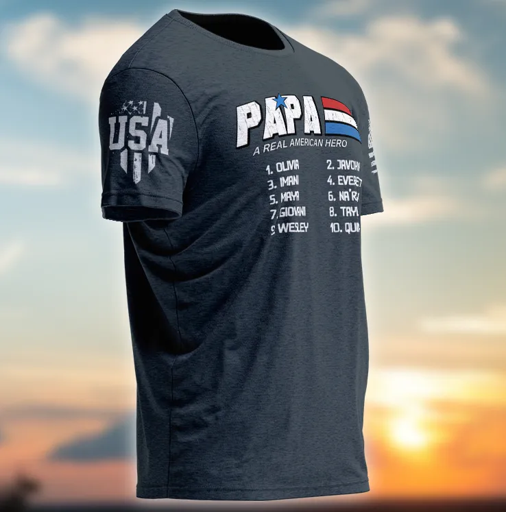 Personalized Papa a Real Men American Flag with Grandkid Shirt