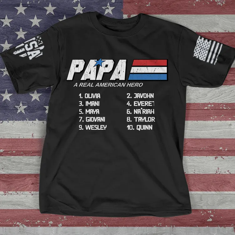 Personalized Papa a Real Men American Flag with Grandkid Shirt