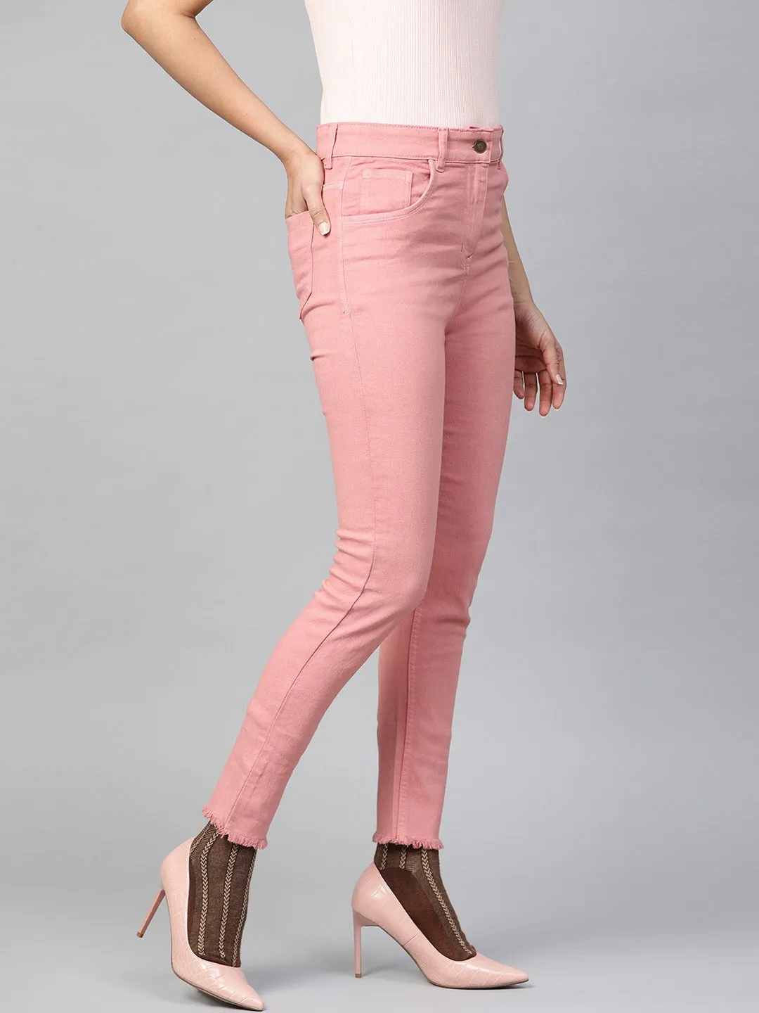 Pink Denim Raw Edge Basic Jeans