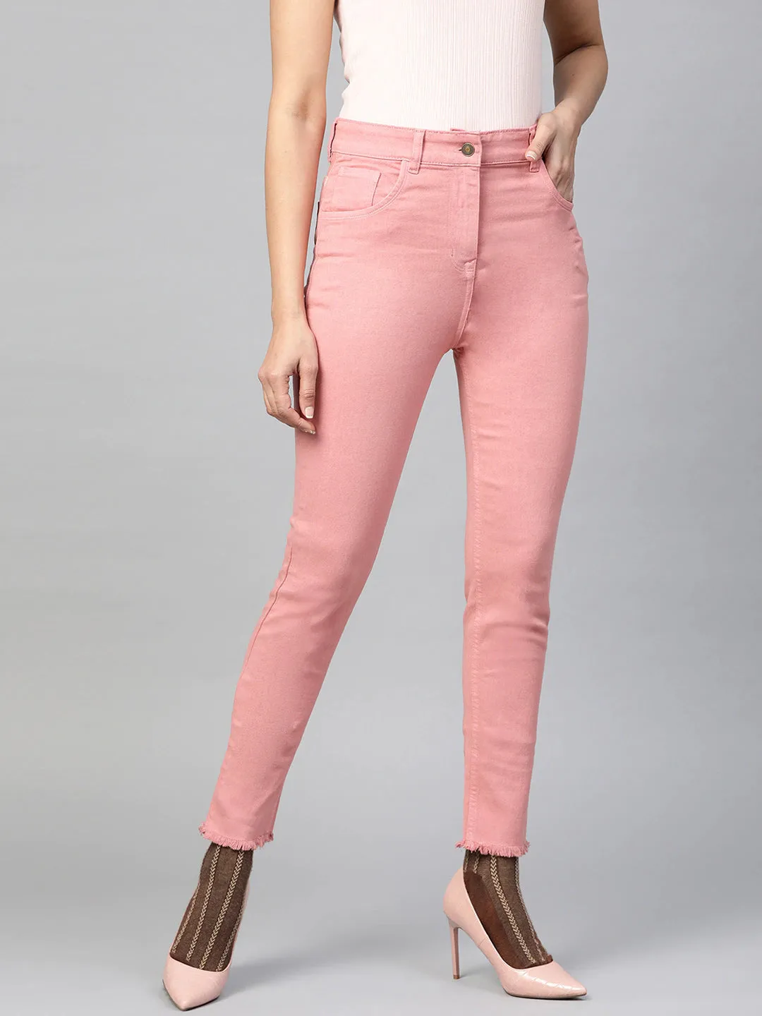 Pink Denim Raw Edge Basic Jeans