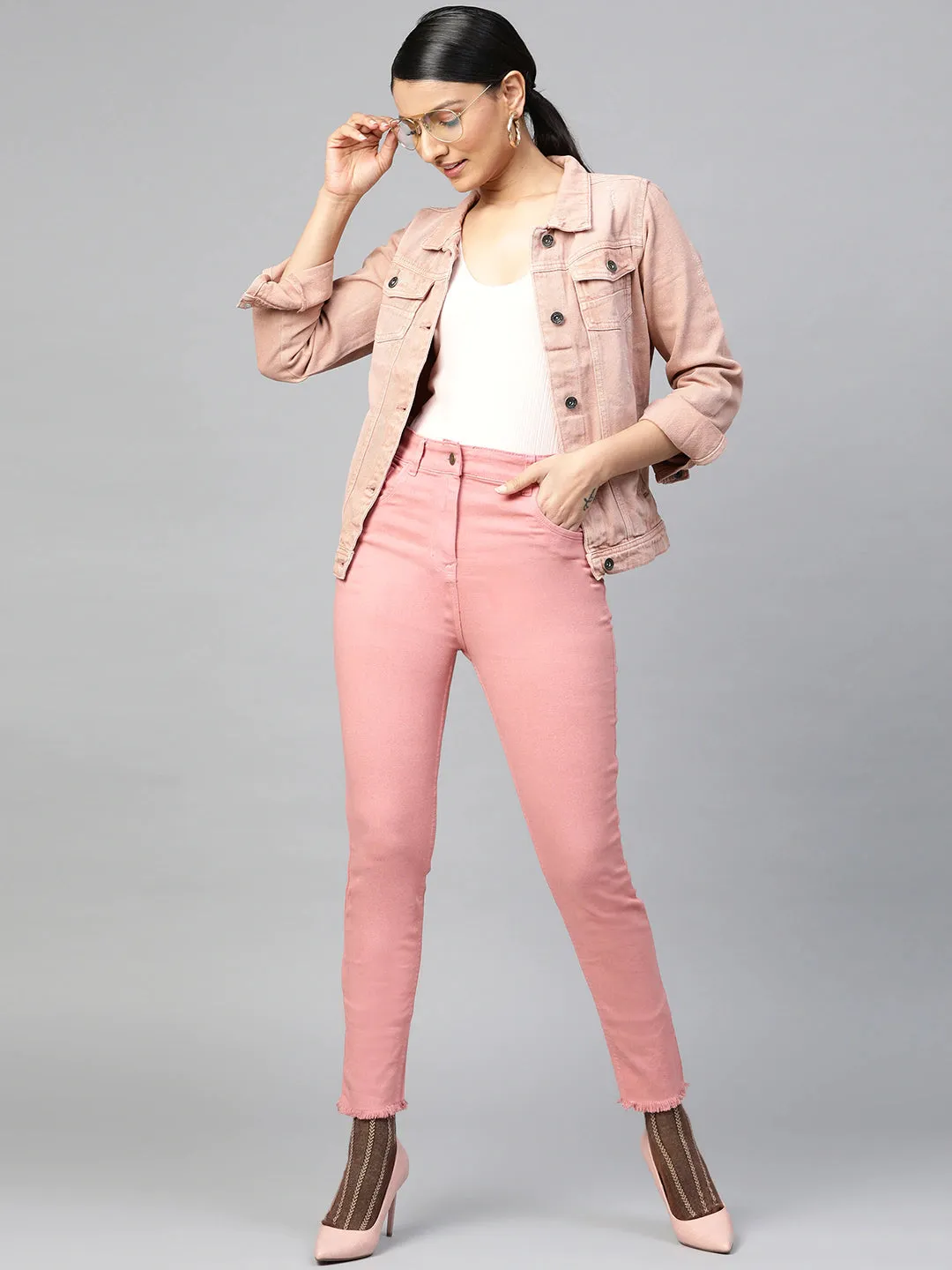 Pink Denim Raw Edge Basic Jeans