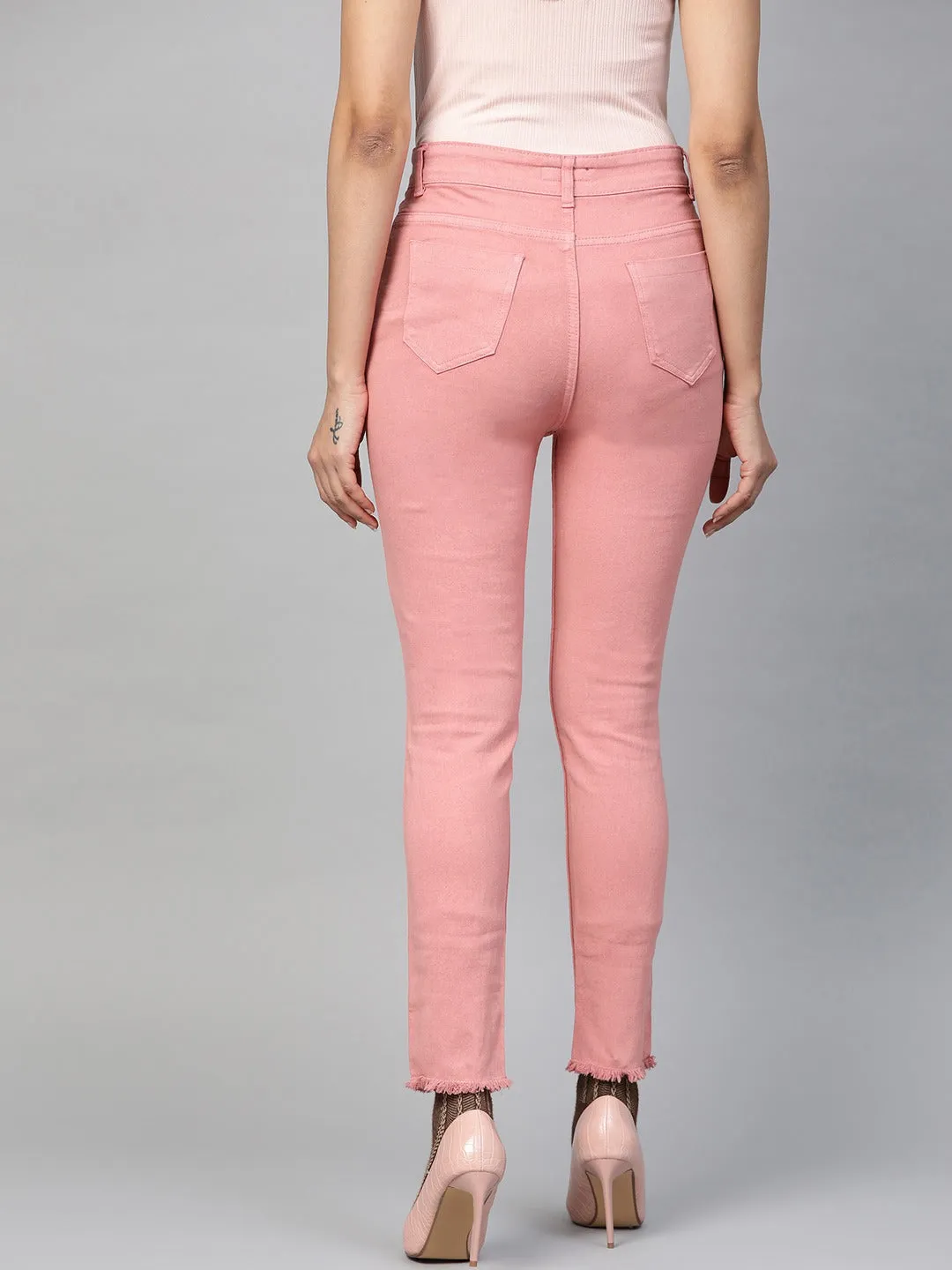 Pink Denim Raw Edge Basic Jeans