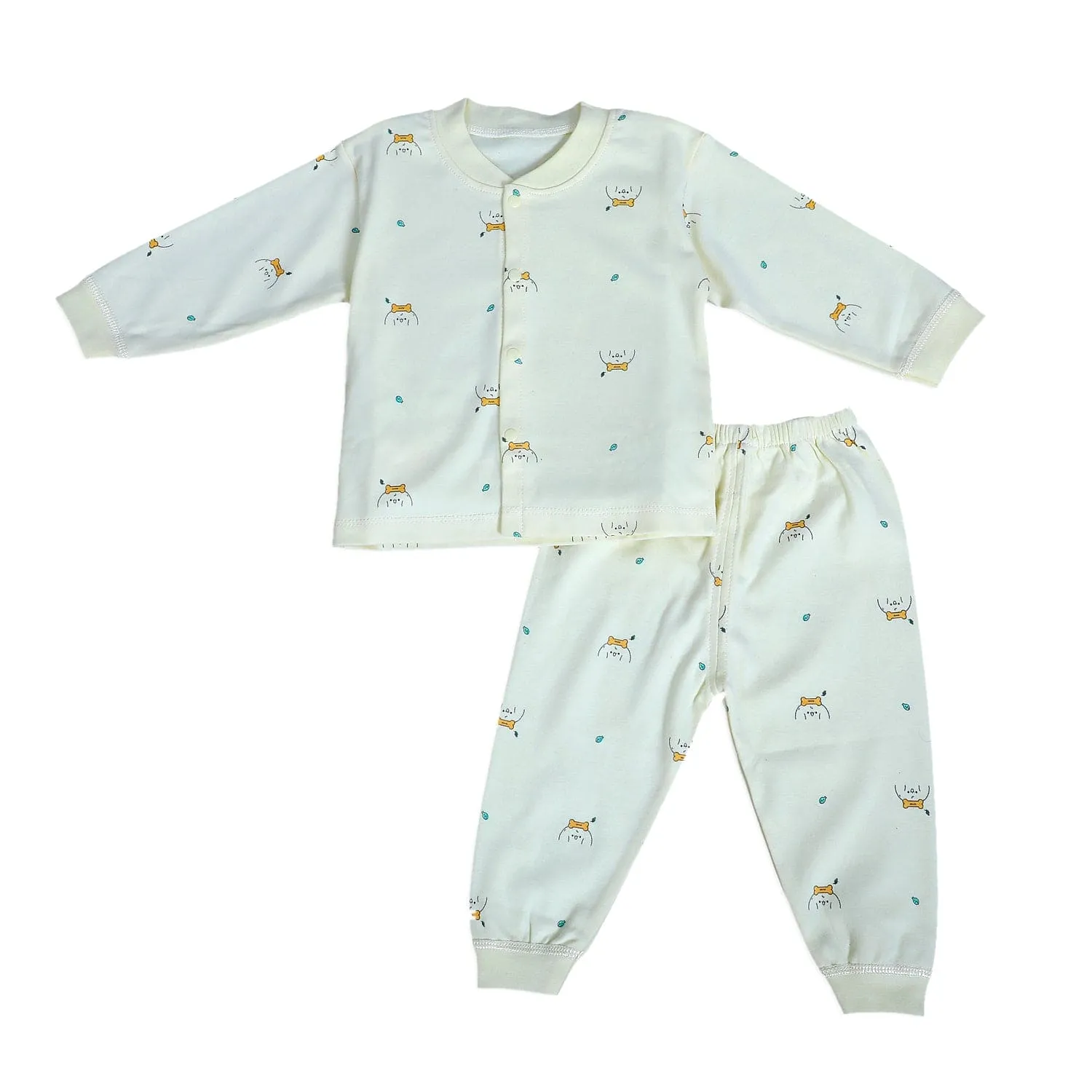 Puppy Face Full Sleeves 2 Piece Buttoned Pyjama Set Night Suit - Yellow