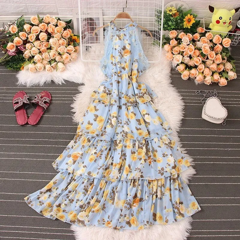 Seaside vacation beach dress, bohemian long skirt, summer new sleeveless lace floral cake skirt     S5042