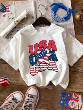 SHEIN Tween Girl 4th Of July Casual Simple USA Pattern Short Sleeve T-Shirt, Suitable For Summer