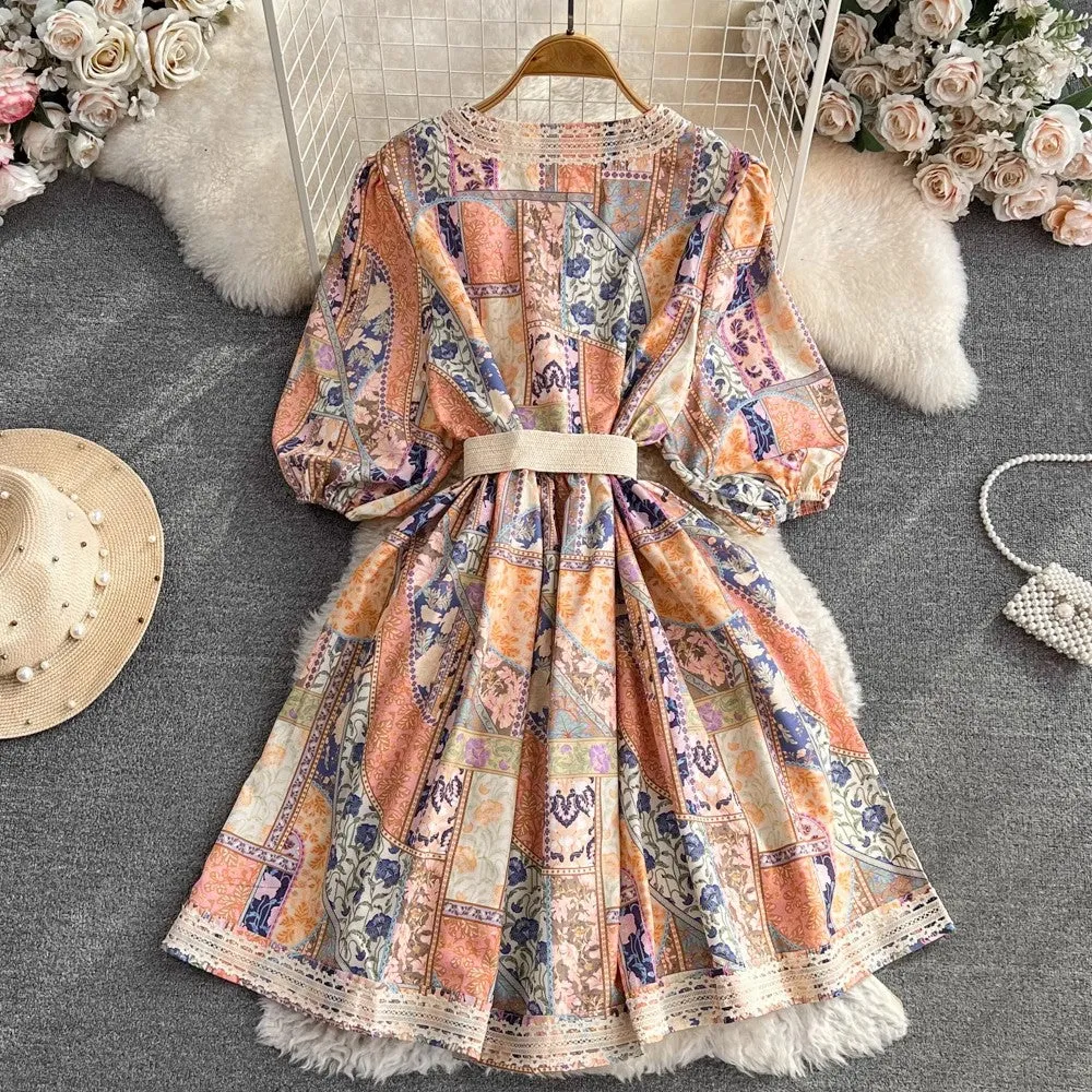 short-sleeved V-neck mid-length a-line printed dress     S4291