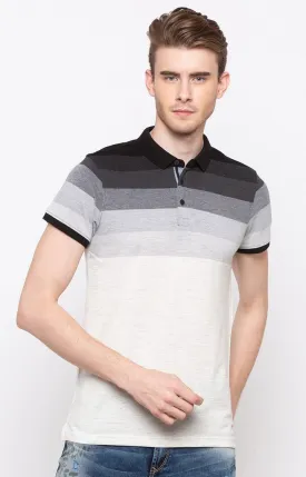 Spykar Black & White Striped Slim Fit Polo T-Shirt