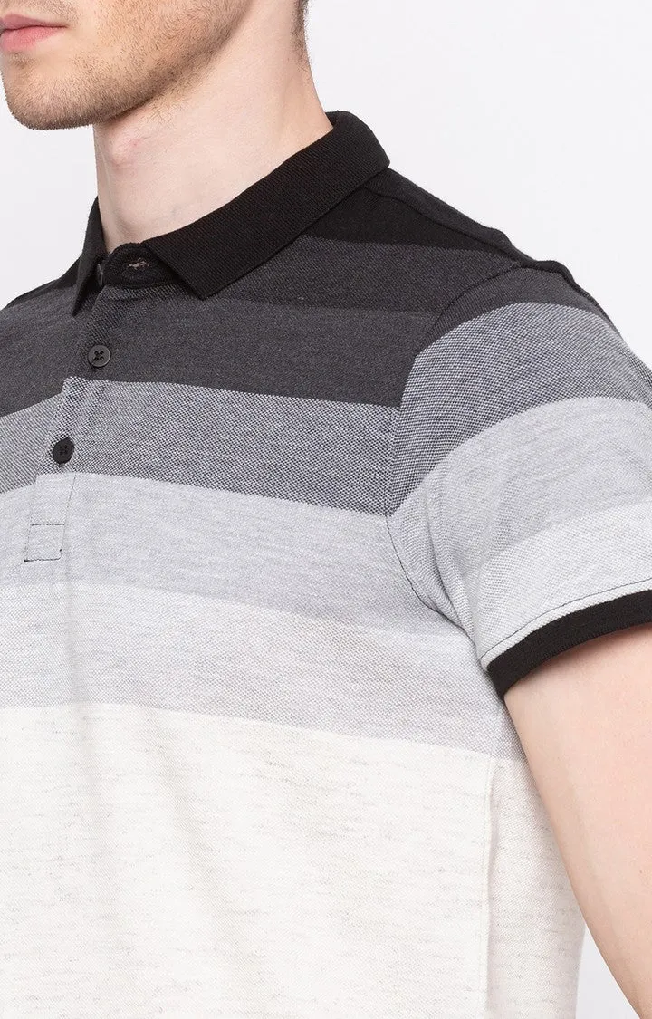 Spykar Black & White Striped Slim Fit Polo T-Shirt