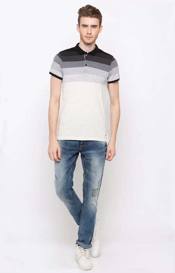 Spykar Black & White Striped Slim Fit Polo T-Shirt