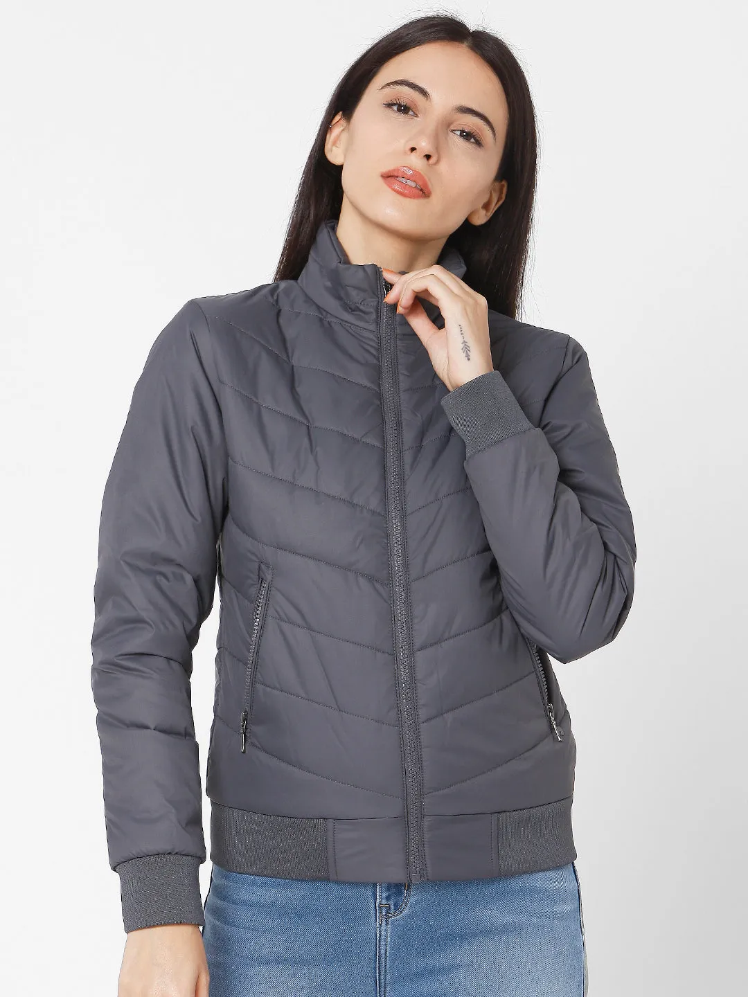 Spykar Grey Polyester Women Jacket