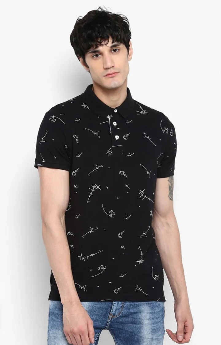 Spykar Jet Black Printed Slim Fit Polos T-Shirt