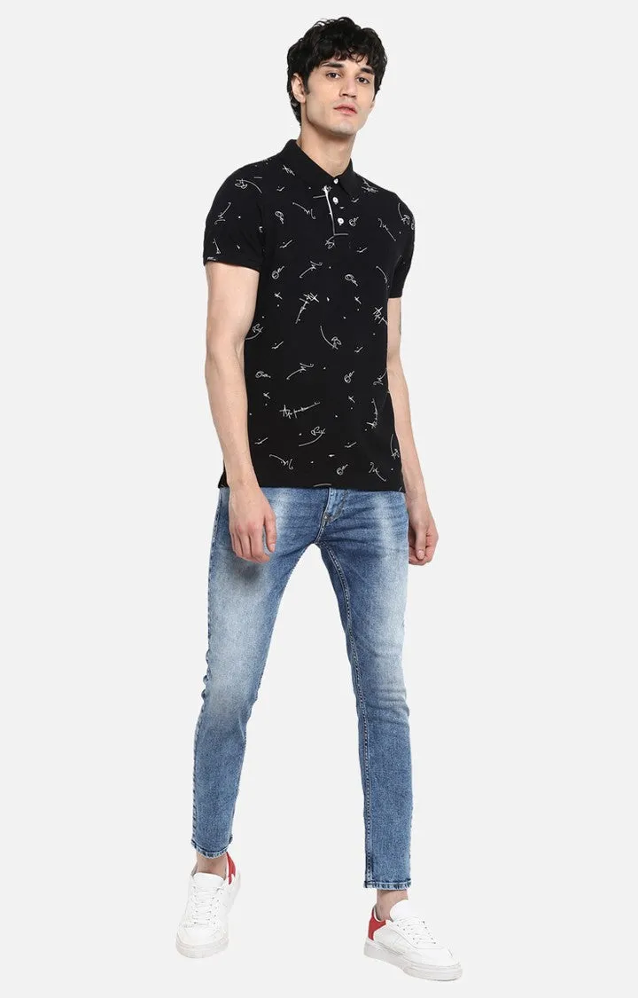 Spykar Jet Black Printed Slim Fit Polos T-Shirt