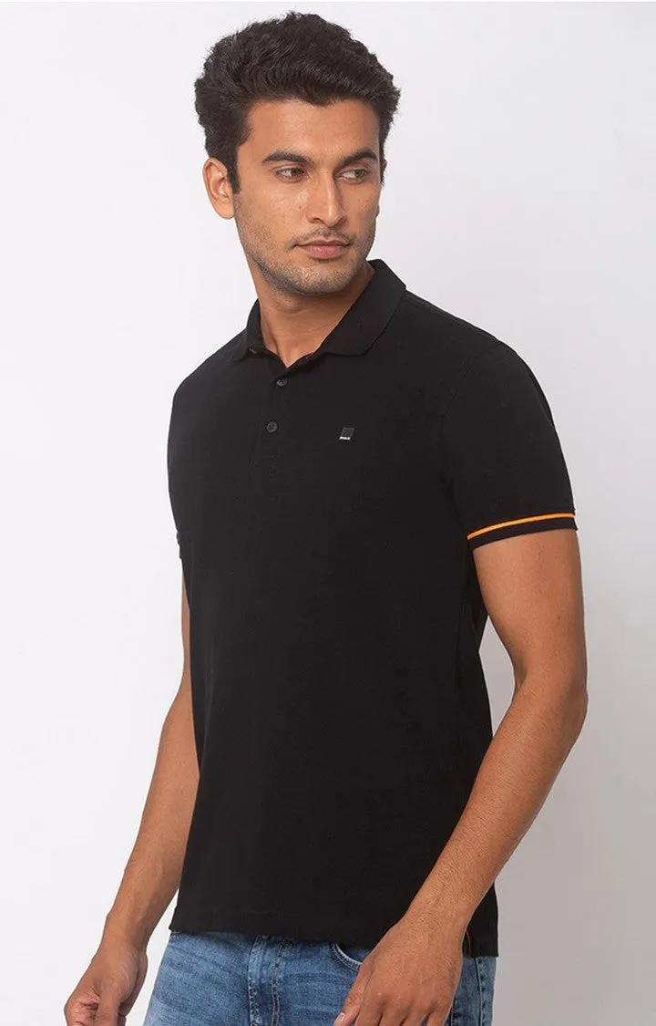 Spykar Men Black Cotton Slim Fit Plain Polo Collar Tshirt