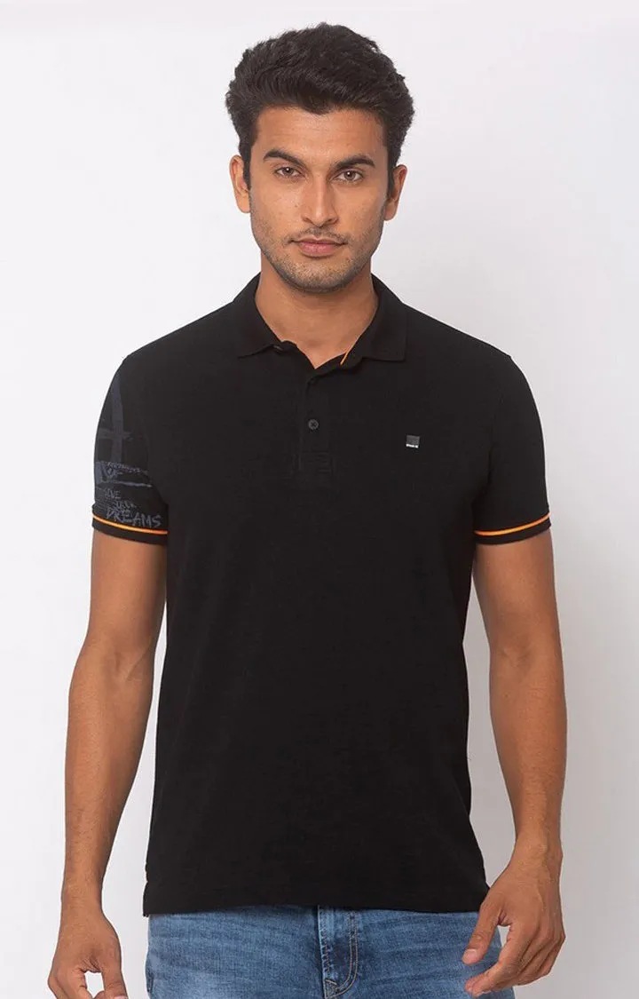 Spykar Men Black Cotton Slim Fit Plain Polo Collar Tshirt