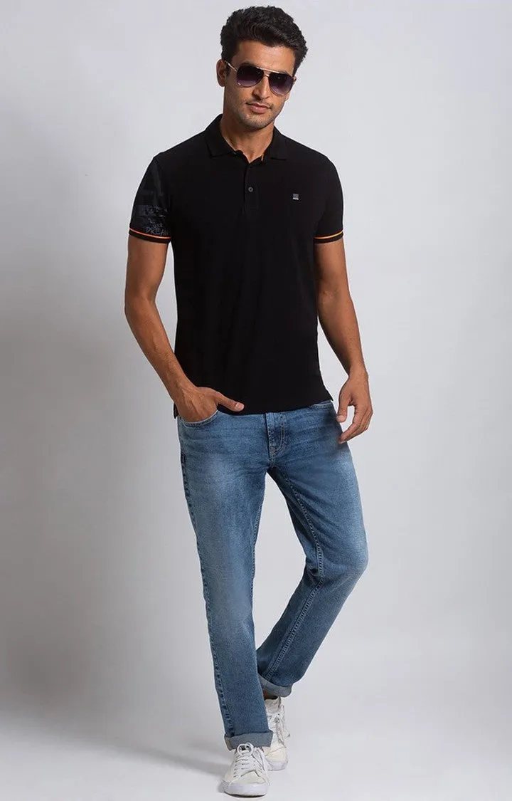 Spykar Men Black Cotton Slim Fit Plain Polo Collar Tshirt