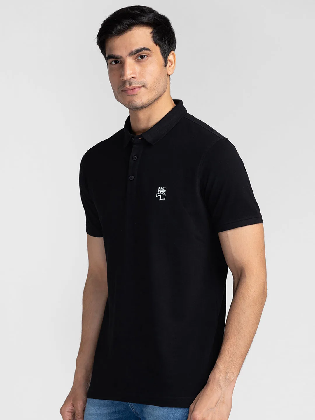 Spykar Men Black Cotton Slim Fit Polo Printed T-Shirt