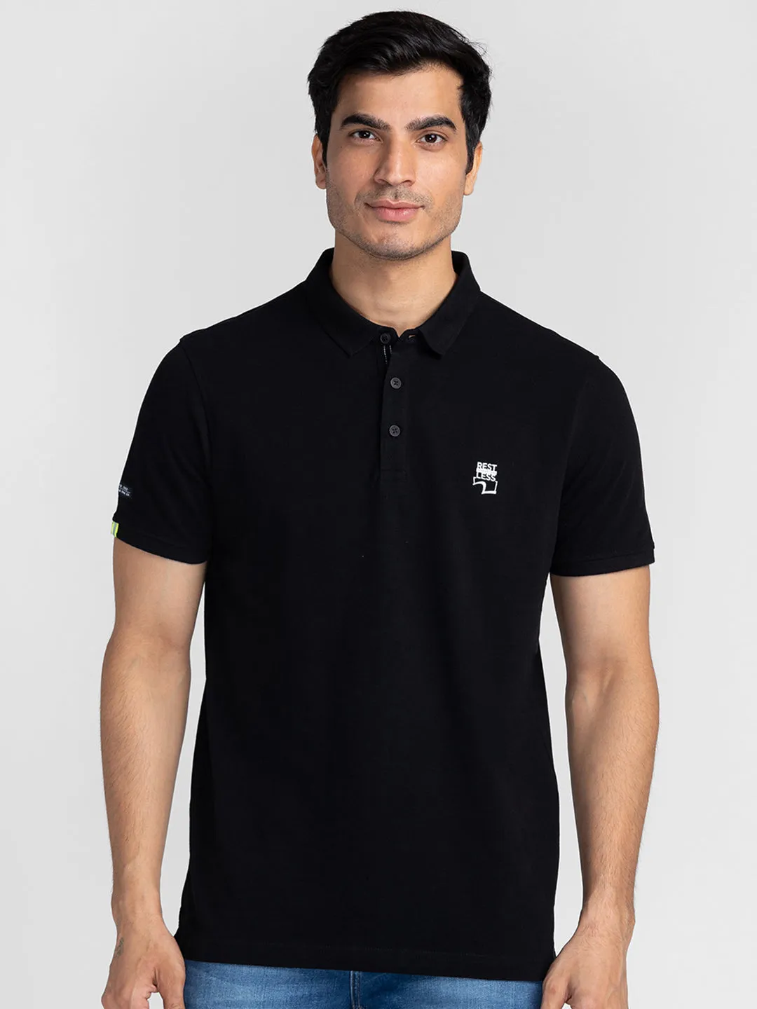 Spykar Men Black Cotton Slim Fit Polo Printed T-Shirt