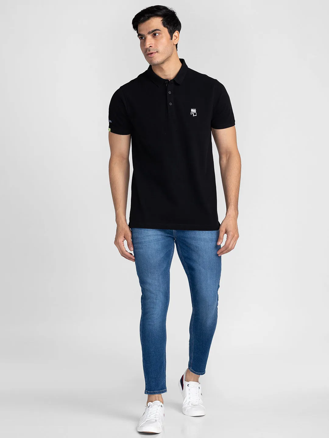 Spykar Men Black Cotton Slim Fit Polo Printed T-Shirt