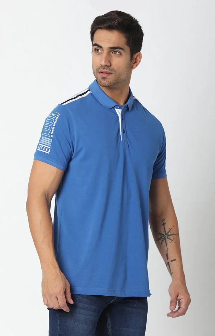 Spykar Men Blue Cotton Plain Polo T-Shirt