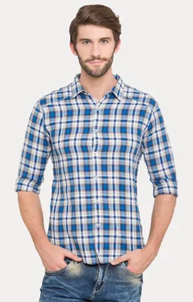 Spykar Men Blue Cotton Slim Fit Checkered Shirts