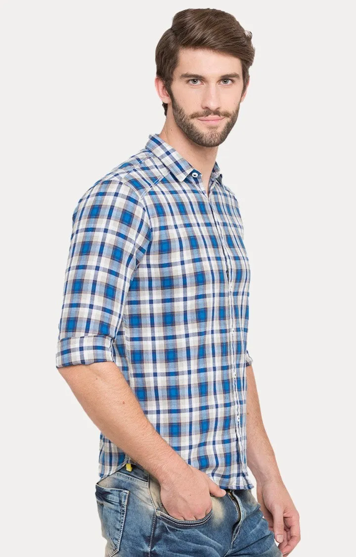 Spykar Men Blue Cotton Slim Fit Checkered Shirts