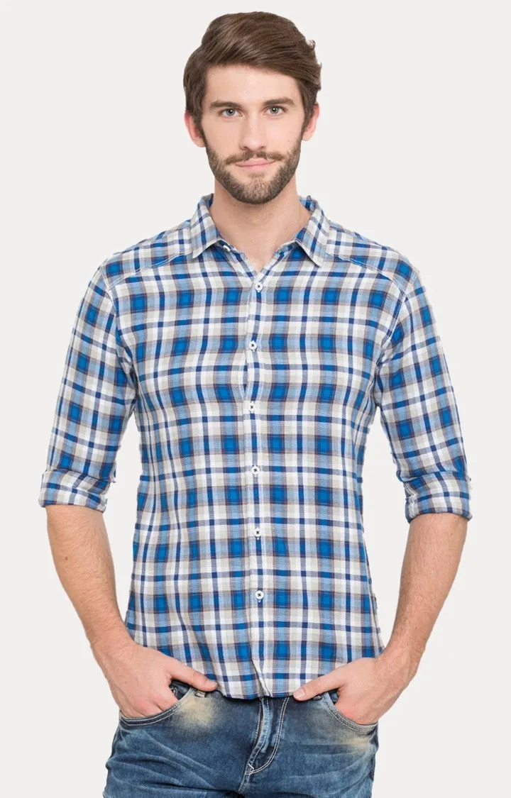 Spykar Men Blue Cotton Slim Fit Checkered Shirts