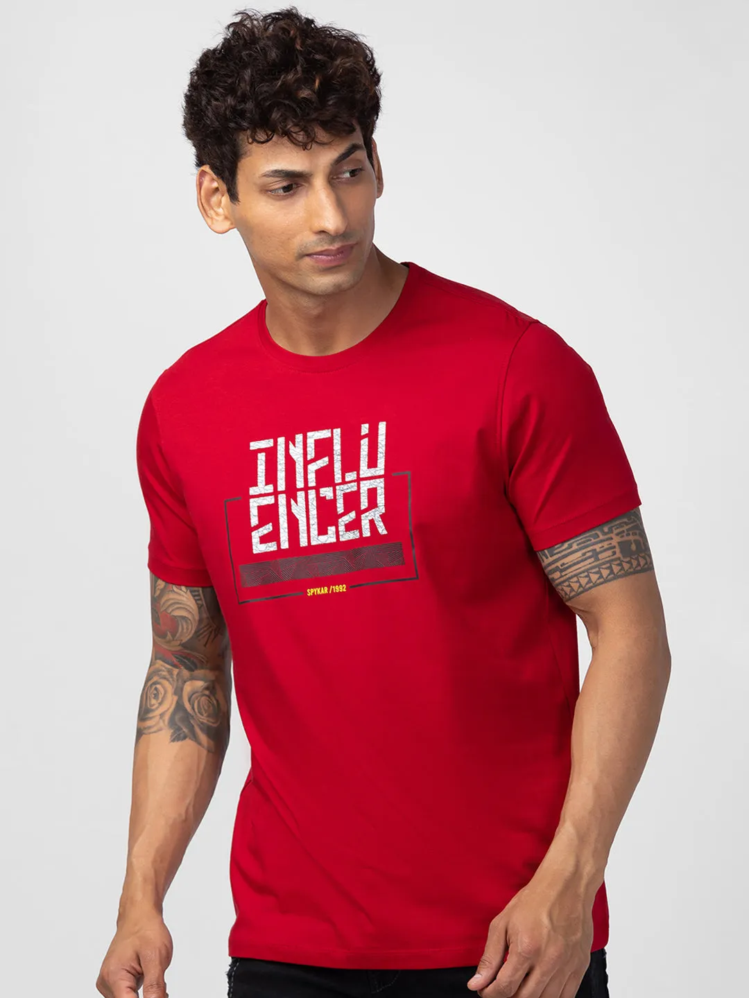 Spykar Men Deep Red Cotton Regular Fit Half Sleeve Printed T-Shirt