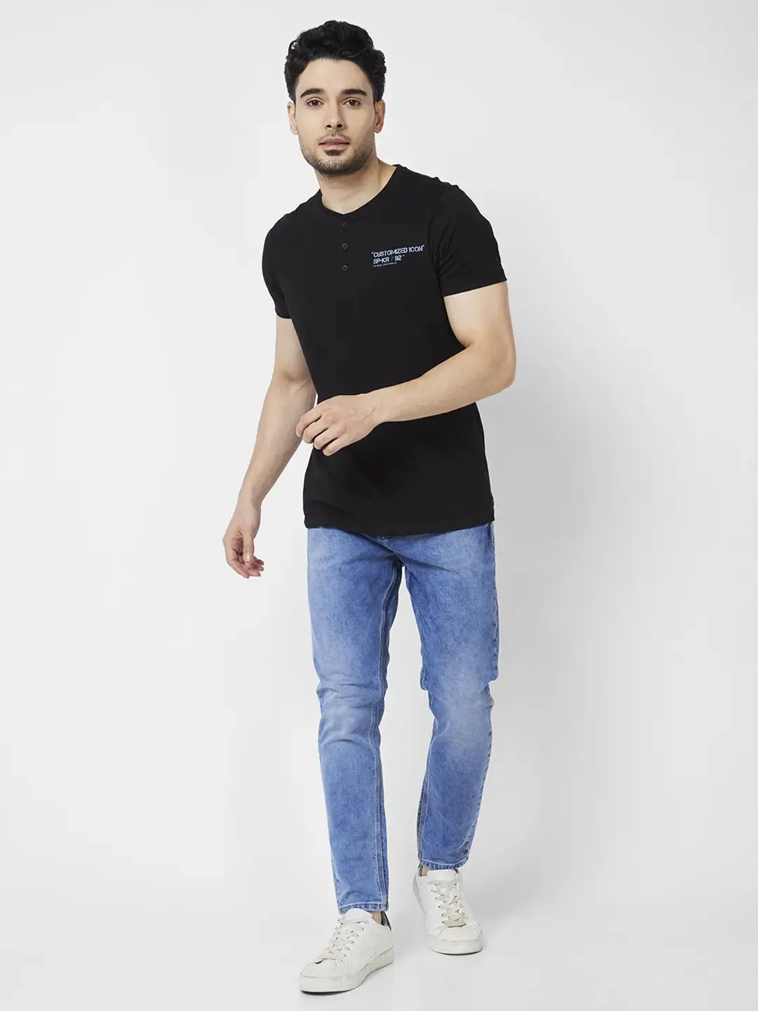 Spykar Men Light Blue Cotton Stretch Slim Fit Tapered Length Clean Look Mid Rise Jeans (Kano)