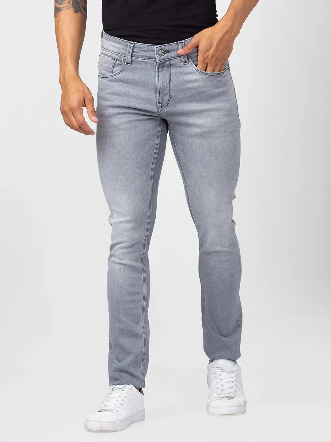 Spykar Men Light Grey Cotton Slim Fit Narrow Length Jeans (Skinny)