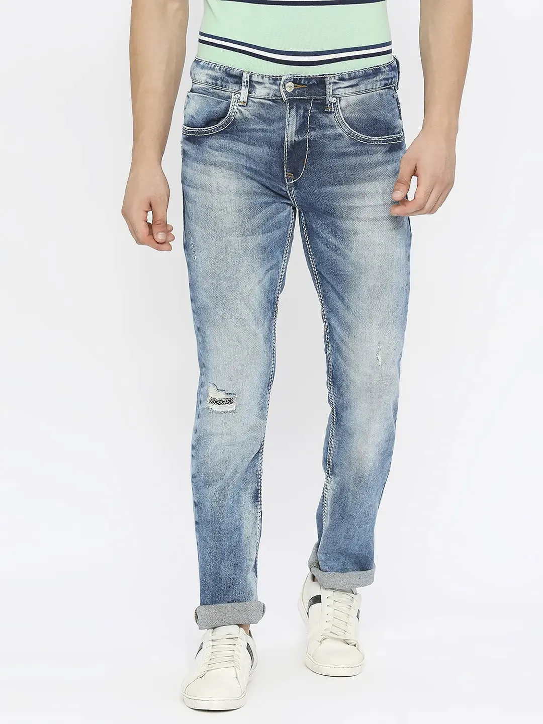 Spykar Men Mid Blue Cotton Regular Fit Narrow Length Mildly Distressed Mid Rise Jeans-(Rover)