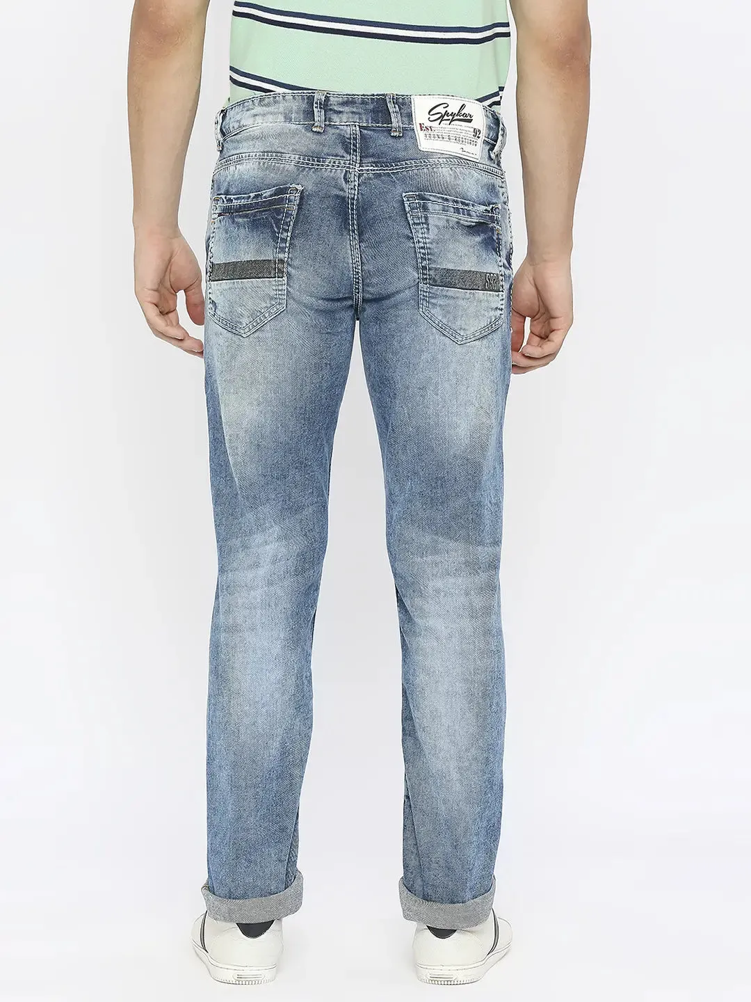 Spykar Men Mid Blue Cotton Regular Fit Narrow Length Mildly Distressed Mid Rise Jeans-(Rover)