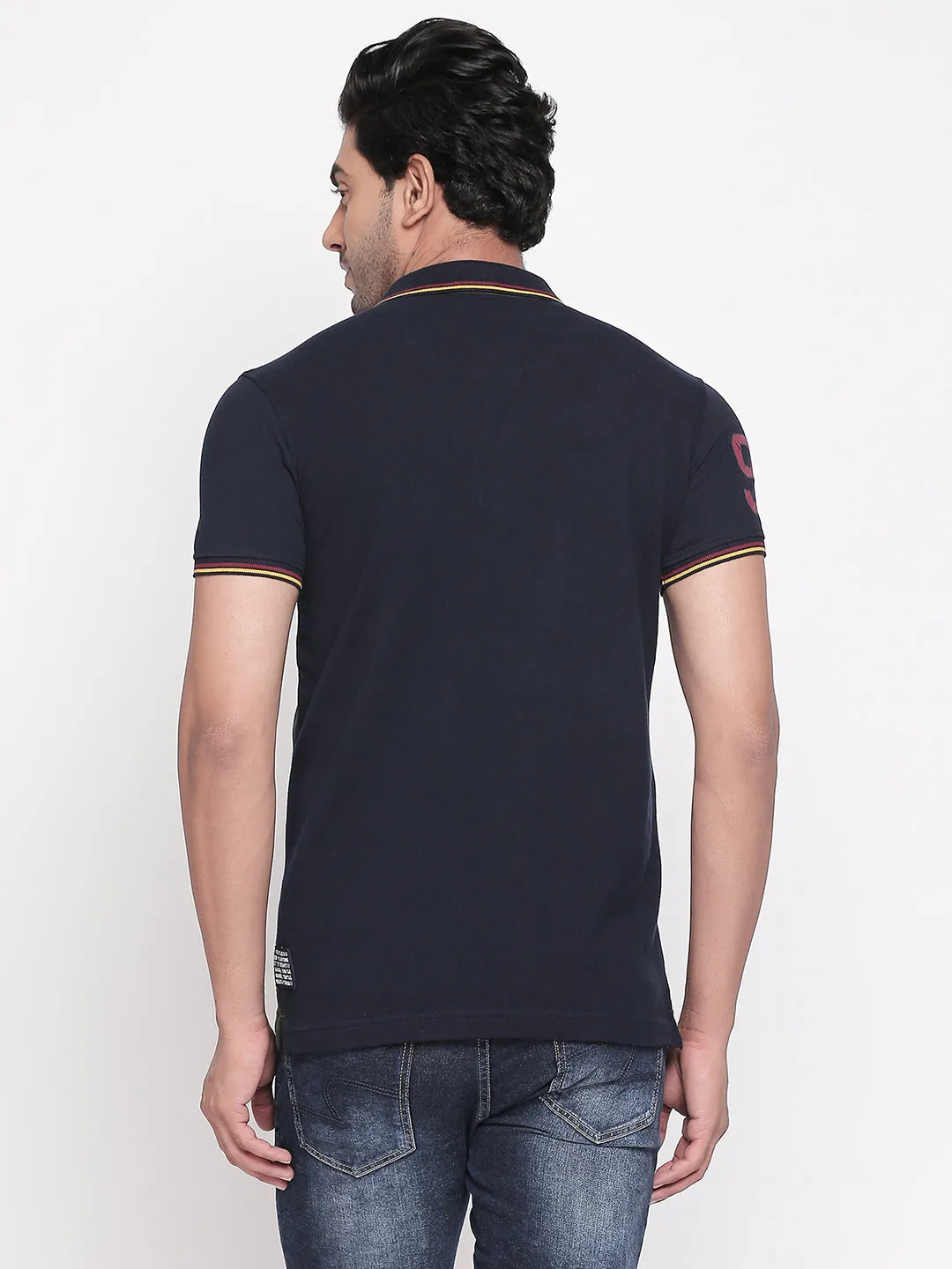 Spykar Men Navy Blue Cotton Printed Half Sleeve Polo Tshirt