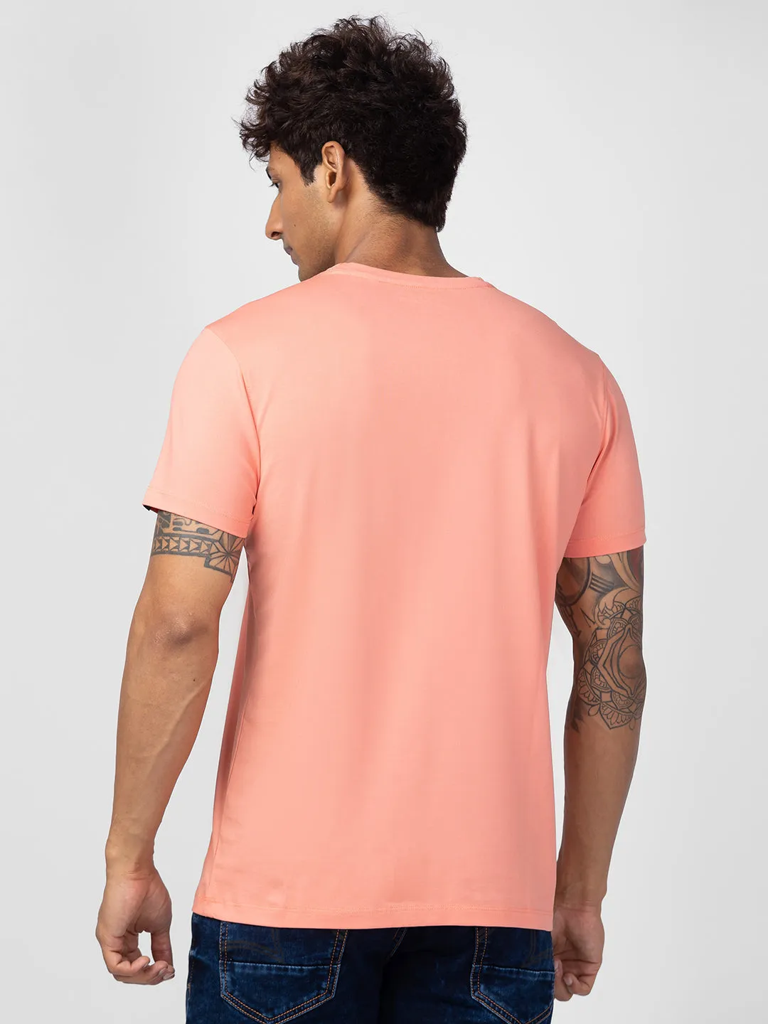 Spykar Men Peach Cotton Regular Fit Half Sleeve Printed T-Shirt