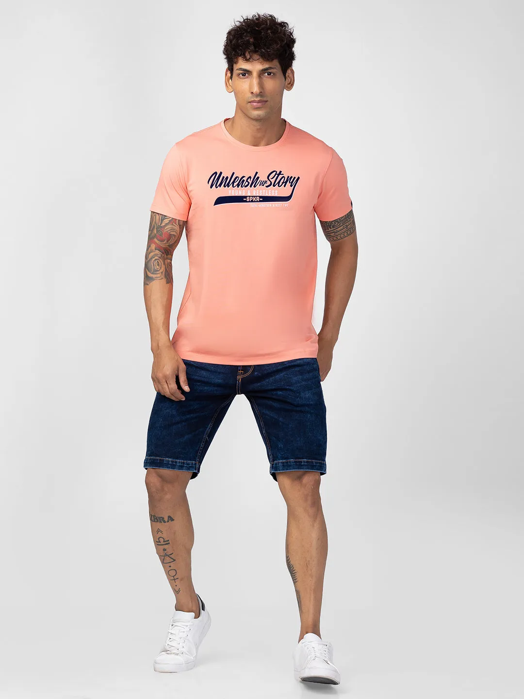 Spykar Men Peach Cotton Regular Fit Half Sleeve Printed T-Shirt