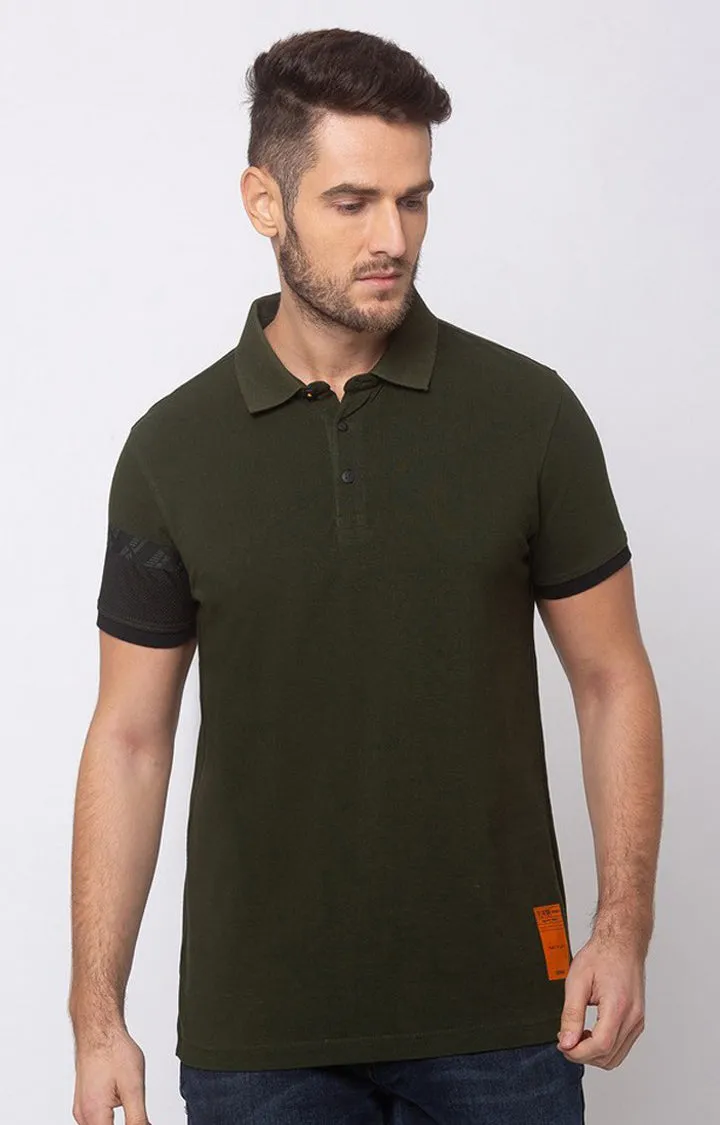 Spykar Men Rifle Green Cotton Slim Fit Plain Polo Collar Tshirt