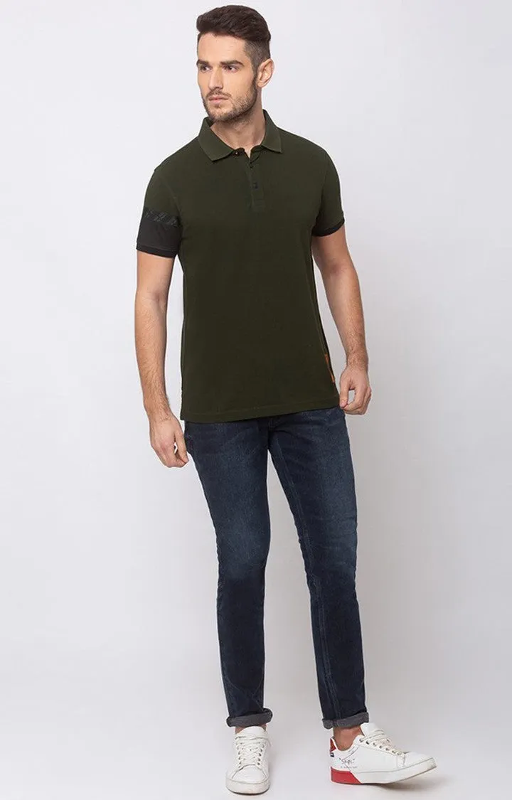 Spykar Men Rifle Green Cotton Slim Fit Plain Polo Collar Tshirt